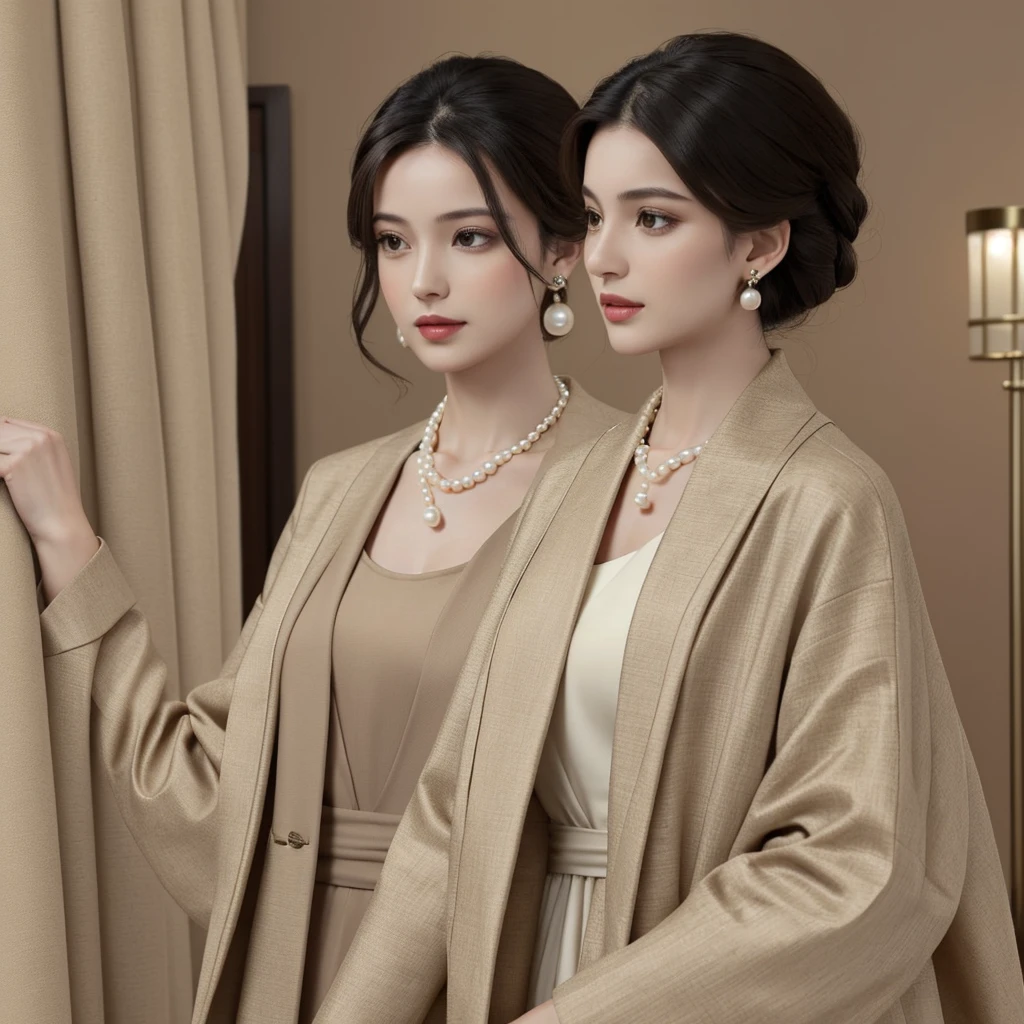 An image of a woman. A beautiful woman in her 30s, wearing an elegant jacket made of beige woven fabric, is choosing fabrics to make custom-made clothes. She wears small pearl earrings and a necklace.