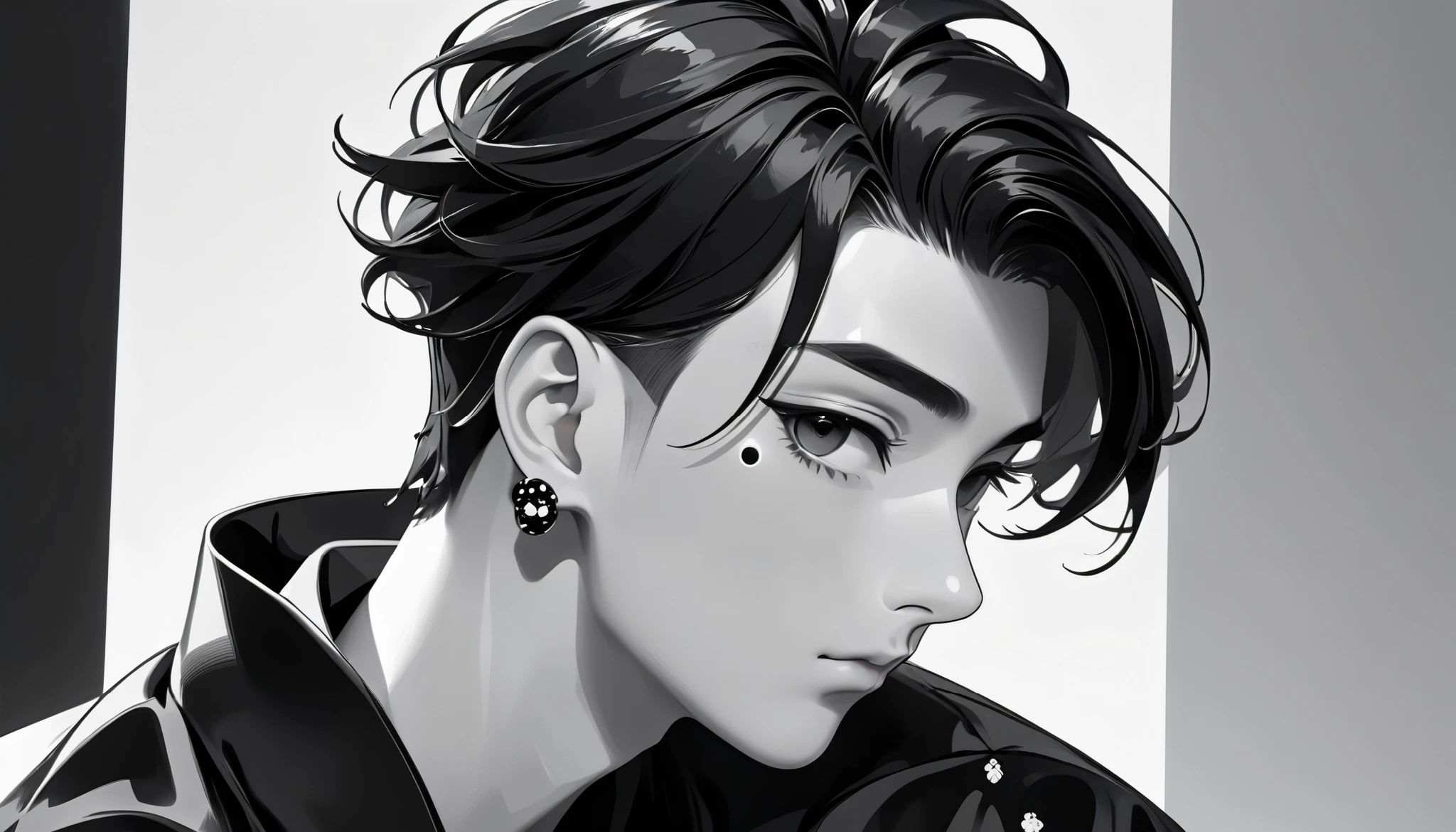 He turn to right.minimalist black and white cartoon-style male character with a profile。 Characters 、 The side undercut and wavy top section Create a characteristic 、 a clean, modern hairstyle 。 On the shaved side of the head 、 has small decorative dots to add detail 。 the facial features are simple 、Slight smile、Thick eyebrows 、 creates a confident, friendly vibe 。 Characters 無地の黒いシャツを着ており、 The overall design 、 It focuses on clean lines and modern aesthetics 。(best quality, 4K, 8k, highres icon, masterpiece:1.2), ultra-detailed, (realistic, photorealistic, photo-realistic:1.37), vivid colors, professional,