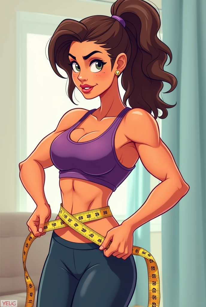 A colored drawing of a fitness woman measuring her tummy with a tape