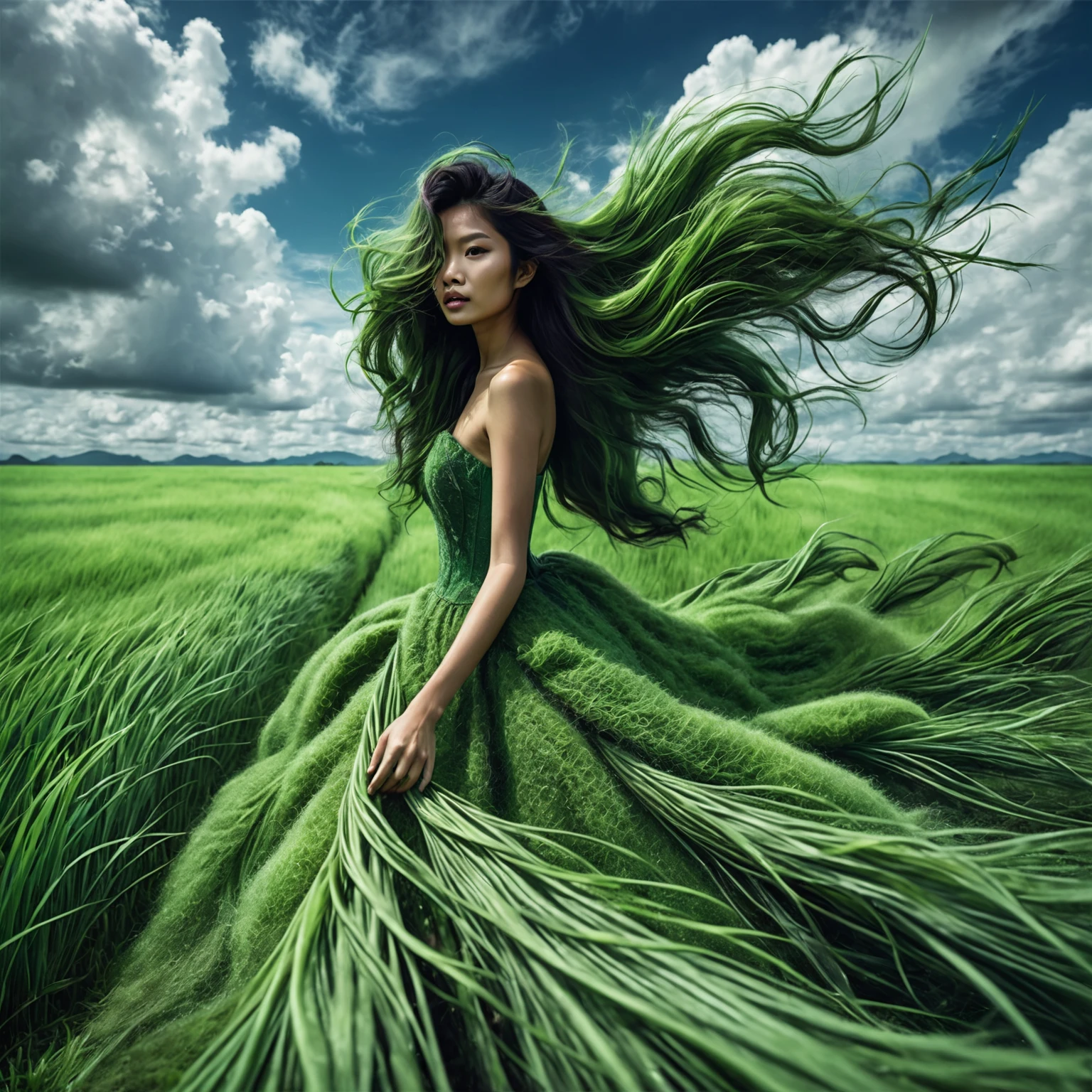 An exaggerated photography of a young Thai woman with long green dress and flowing hair stands in the middle of a vast green field, with dramatic speed ramp cloudy sky in the background. The dress appears to be made of grass or moss, blending seamlessly with the landscape, interact with the enviroment, Close-up shot, vibrant, photorealistic, ultra high definition, 32K.