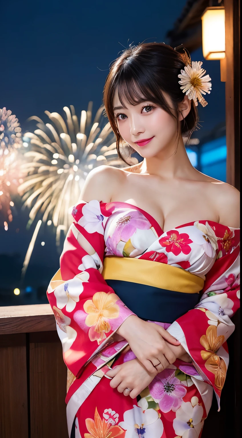 in 8K、超A high resolution、Best Quality、masutepiece (Large breasts、Colossal tits、gargantuan butt、Toned body:1.7)(Long orange kimono with fireworks pattern:1.4)(Summer Festivals:1.3) (Brown hair semi-long:1.2)Big eyes smiling happily、Distinct double eyelids、Lashes、Highlights in the eyes、Light brown eyes、Pinclip Gloss、piercings(White band、Red clogs:1.25)(Kimono comes off、cleavage of the breast:1.4)