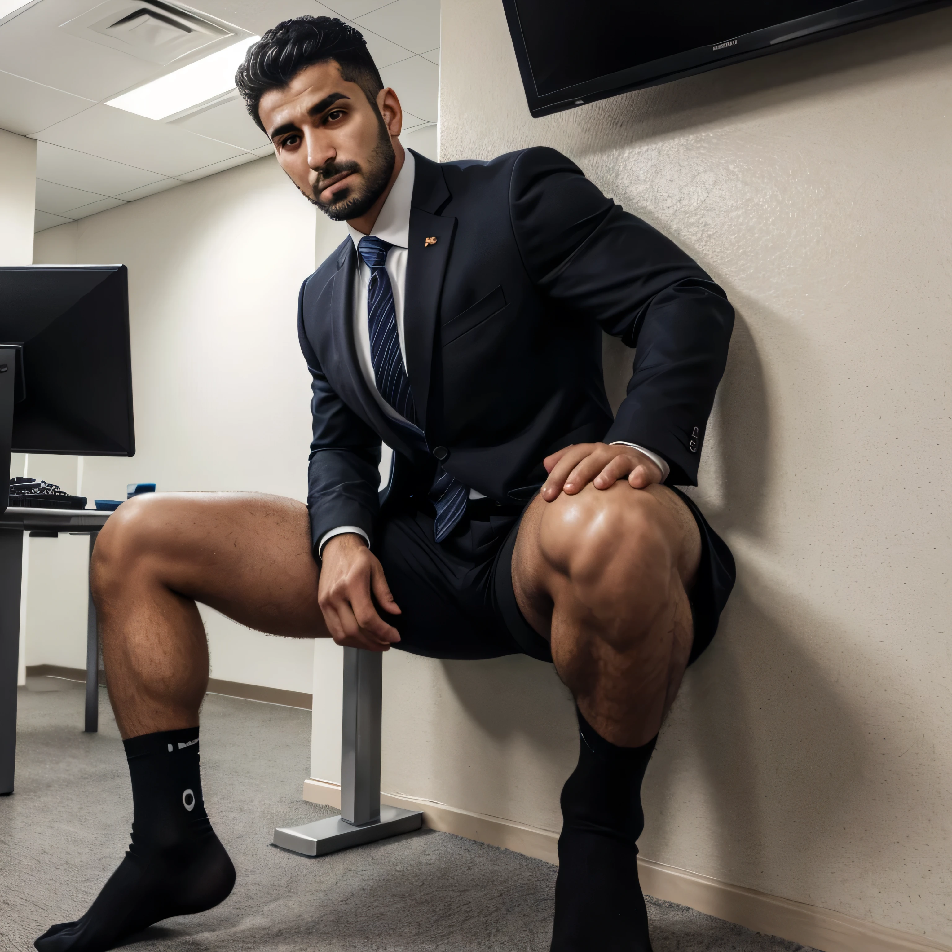 40 years old,Hidetoshi Nakata,(Kogoro Mori 1.3),whole body,Lean,muscle,office,Purple socks,Feet raised,On the table,Standing,Baldhead ,transparent,Thick body hair,underwear,Topless,Densely hairy,Fortitude,HD,With a mustache