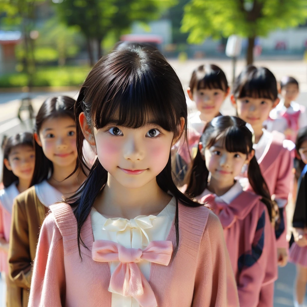 Neat and clean elementary school girl, people, (slim, small, flat, small), Black-haired, Realistic, detailed, detailedな肌の質感, 超detailed, Delicate clavicle, smile, 非常にdetailedな顔, detailedな唇, Fine grain, (12-year-old girl)、Delicate eyebrows、Short neck、Professional photography、(Staring at the audience)、Flare、(Unique beautiful girls)、30mm prime lens、I narrowed my eyes.、pores、Body hair, Close-up