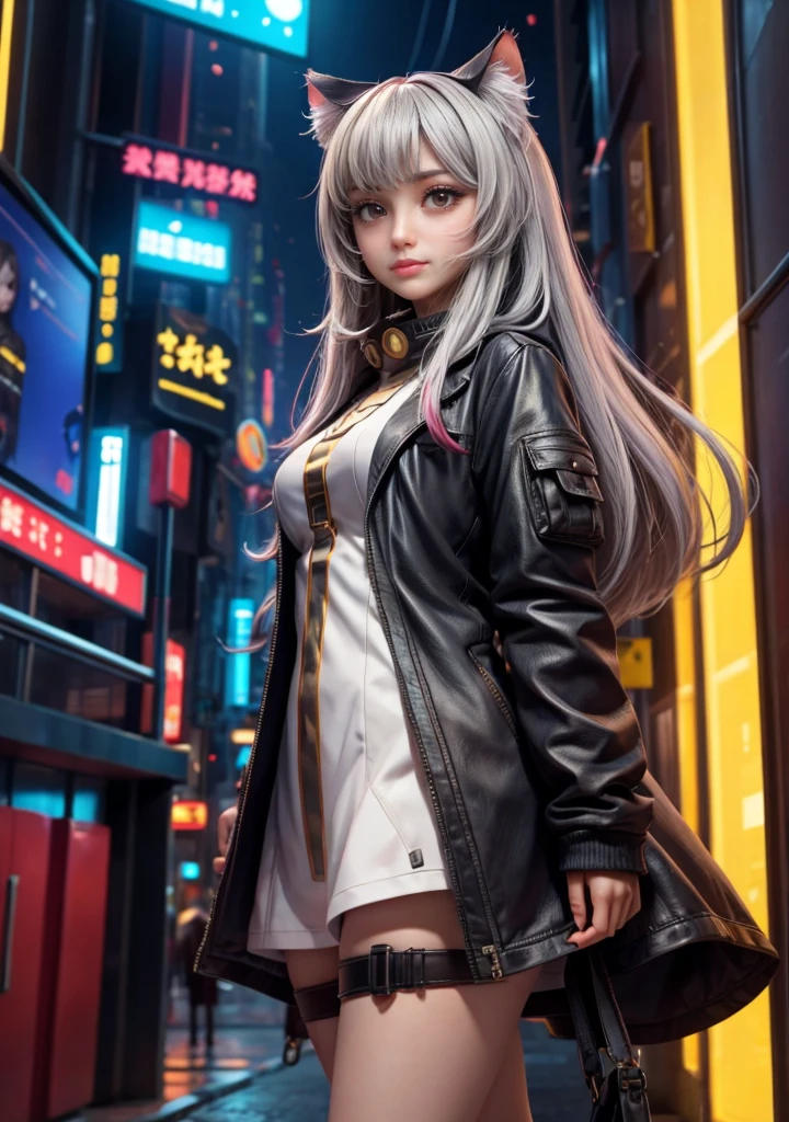 Portraiture, 1 Girl, Beautiful Face, Asymmetrical Hair, Multi-coloured hair, belt, Bodysuits, Covered my mouth, Covered navel, Removable sleeves, Grey Eyes, Hip vents, Open jacket, cute, View the viewer, City of night, neon, Rainy,