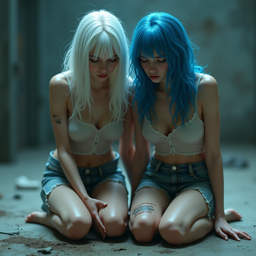 Grunge style for 2 girls,Full body photo,Nude, rubio, barefoot, seductive, parts, messy hair,sitting on a couch in a dirty apartment,Comprehensive,analog style,feminine focus,of the highest quality,(Very detailed skin),perfect face, skin pores,(bokeh:0.6),sharp focus,dappled lighting,(backlighting:0.7),film grain,photographed with a Sony A7R IV,18mm F/1.7 cinema lenses,(Very detailed, intricately detailed),8k,HdR,Front view,(full body visible:1.2) . textured,afflicted,ancient,keyed up,punk rock atmosphere,dirty,noisy,