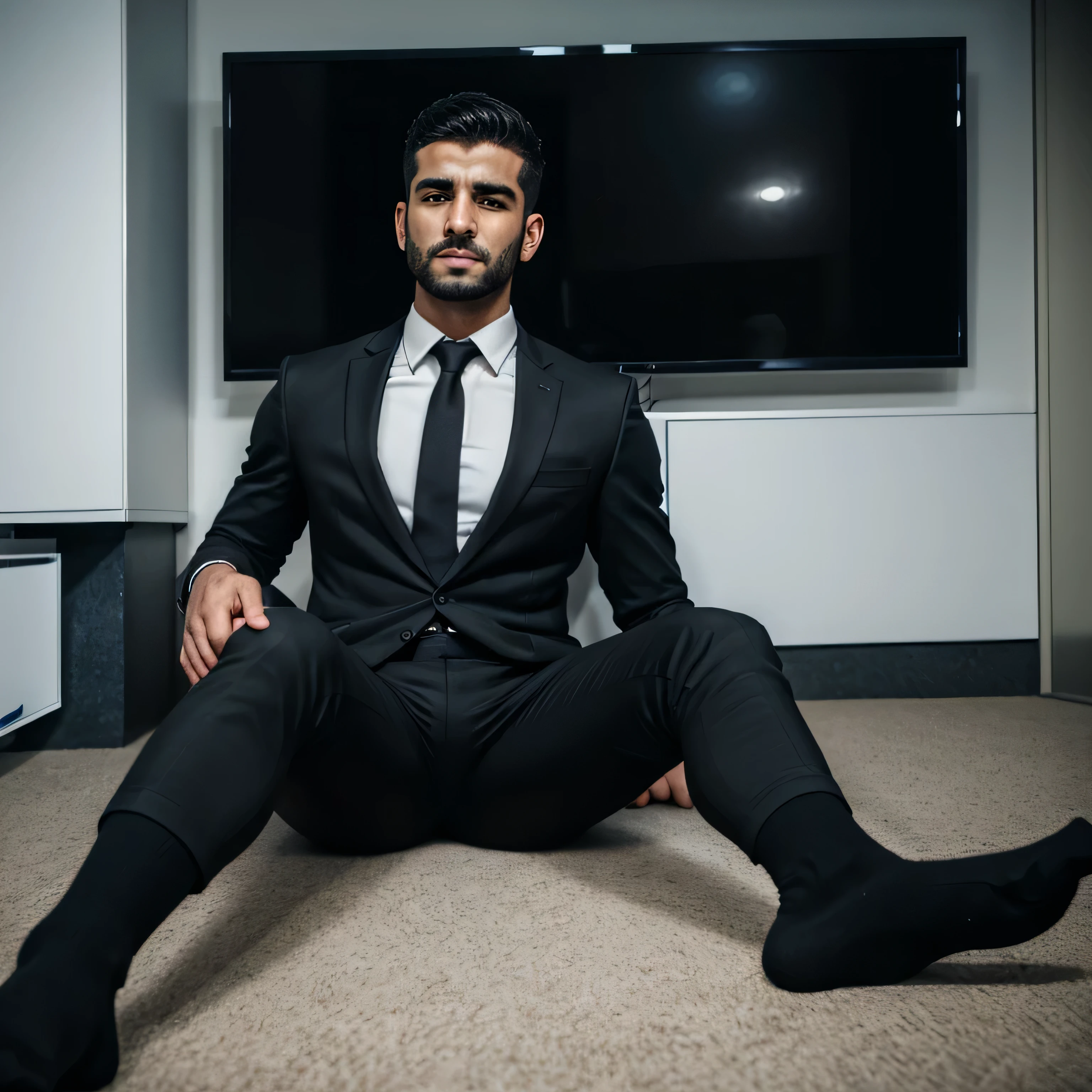 Arafed man in a suit sitting on the floor in front of a tv - SeaArt AI