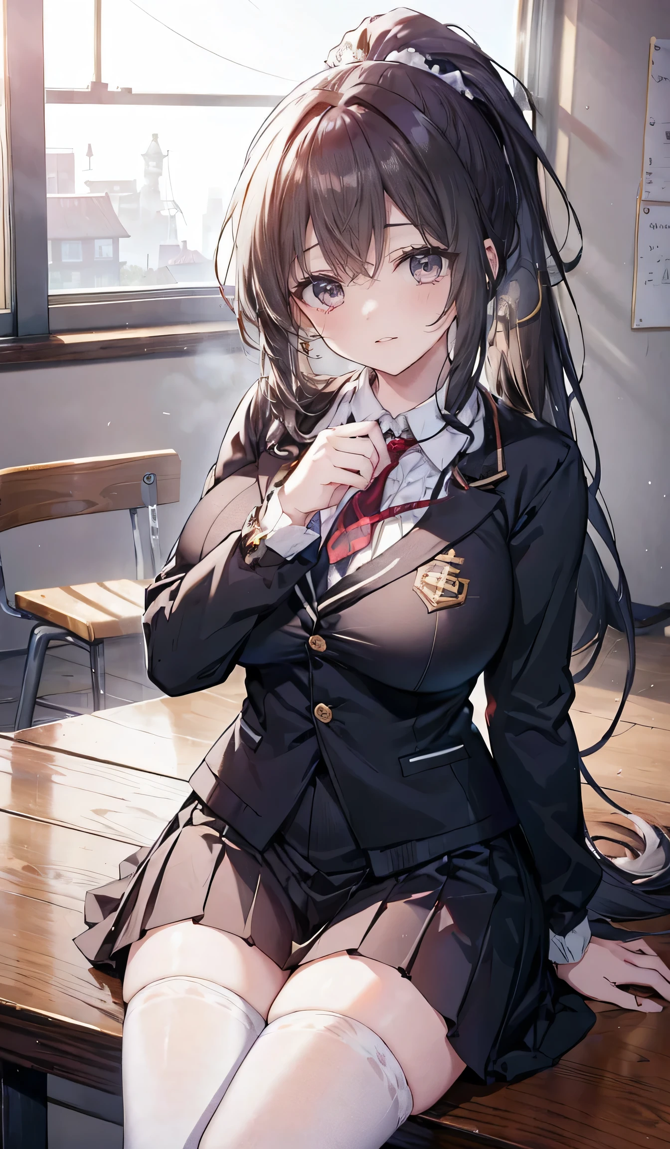 (masterpiece、 top quality、   very detailed),((Big Breasts)),In a bright classroom 、 and an energetic Japanese high school girl sitting like a girl 。Big breasts、 Tie your long black hair in a ponytail in a high position、 loose hair bundles frame the face 。 loose blazer 、 short skirt、 wears a typical uniform called thigh high socks 、 the makeup is flashy but appropriate for school 、 emphasizes big, shining eyes and glossy lips 。She smiles warmly、Look straight at the viewer、 exudes a friendly and confident attitude 。 The classroom is clean and modern, 、machine、 blackboard 、Natural light shines in through the window 、 creates a lively and welcoming atmosphere 