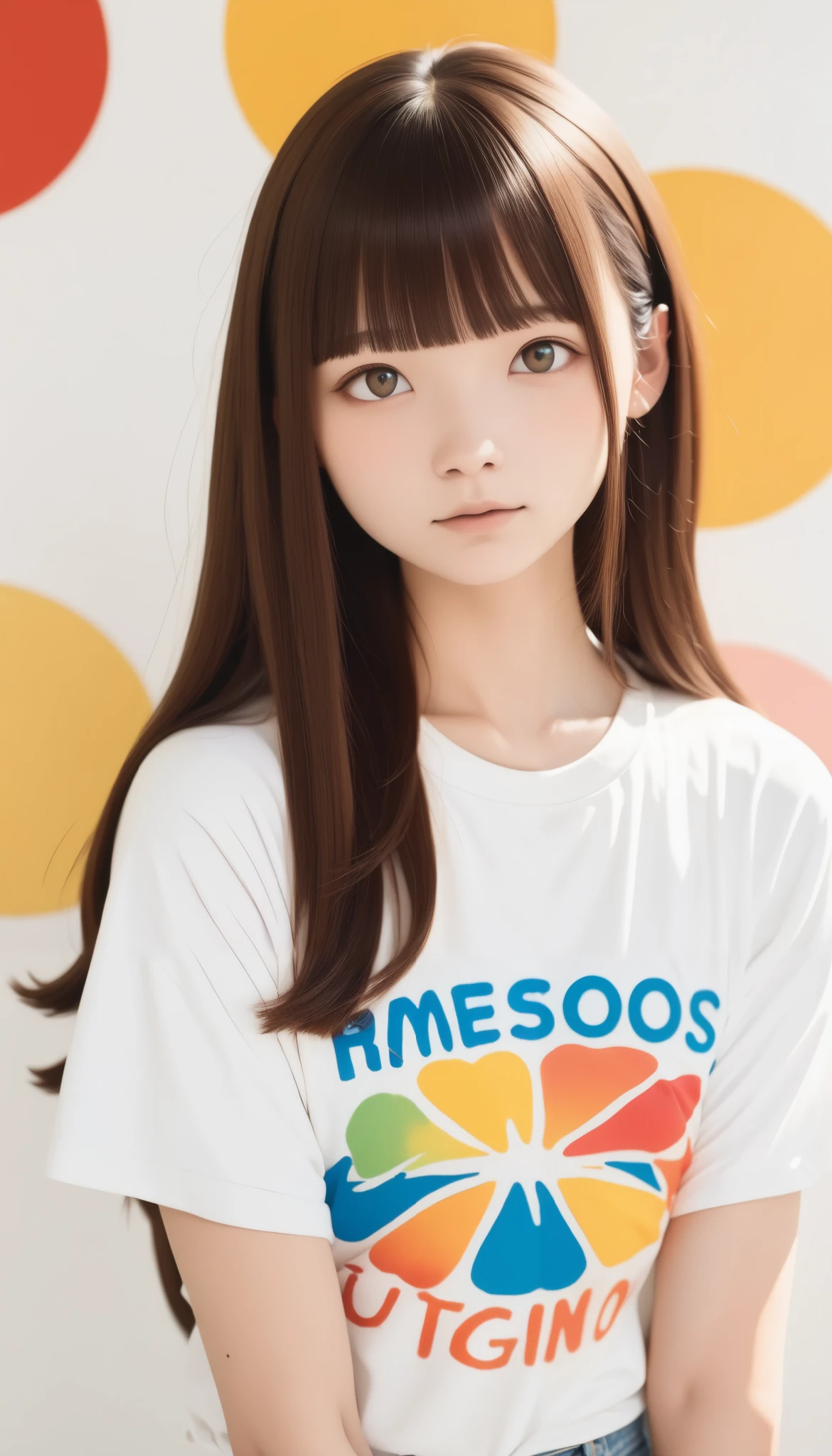 Geometric background :1.3、     dark color、  cute girl、   brown hair 、(((Straight perm、bangs、      straight hair :1.37、  long    straight hair  )))、    long hair  、     Look Away 、Printed shirt、  Picasso painting t-shirt  、  Loose clothing  、top quality、    super detailed、 High quality details 、green