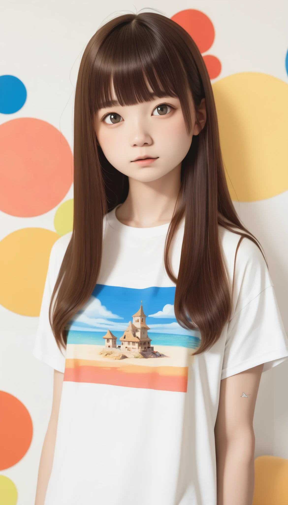 Geometric background :1.3、     dark color、  cute girl、   brown hair 、(((Straight perm、bangs、      straight hair :1.37、  long    straight hair  )))、    long hair  、     Look Away 、Printed shirt、  Picasso painting t-shirt  、  Loose clothing  、top quality、    super detailed、 High quality details 、green