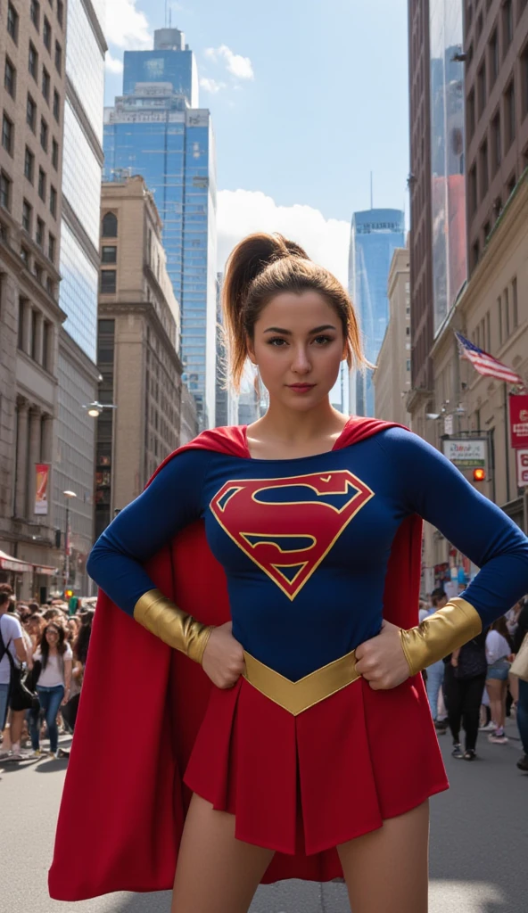 portrait of Hania Amir, as a supergirl, busy city street,4K quality