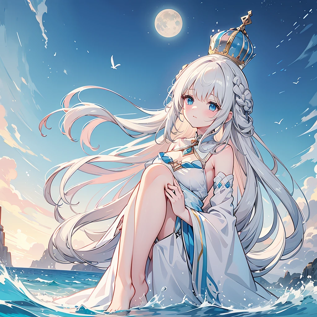  A girl came out of the sea , The Swan Princess of Russian Mythology, Beautiful and calm face,  blue eyes, Long blonde hair braided, The moon is woven into the hair at the back of the head., Old Russian shiny white clothes,  Kokoshnik's crown on her head,  Loving Gaze , Half-laugh,   gentle expression , Background seascape and sunlight, Seagulls in the sky, whole body,  photorealismmasterpiece :1.4),, ( top quality:1.4),,  super high resolution ,, 8k, CG,, ( very delicate and beautiful :1.2),,