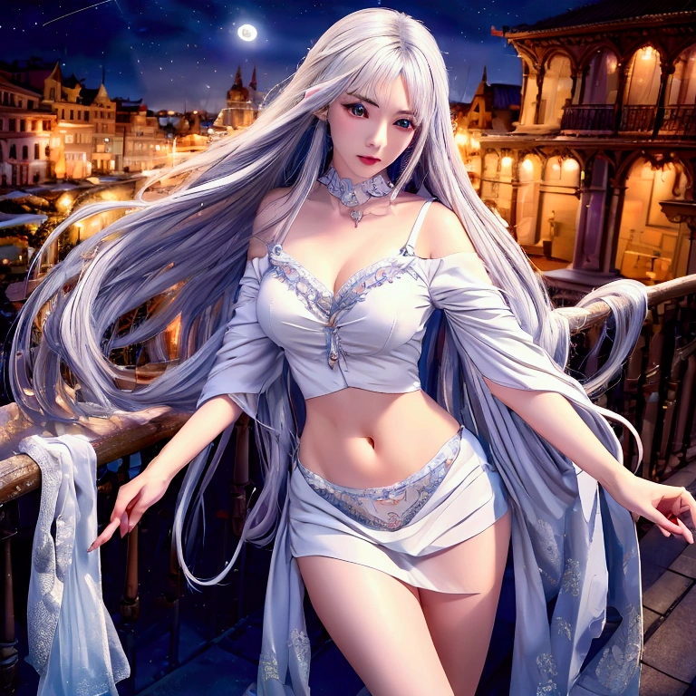 Unbeatable masterpiece, Ultra photo realsisim , Perfect artwork , Intricate details , Best quality , Strong light , High contrast , Dynamic pose , Dutch angle , ((Depth of field)) , Extremely delicate and beautiful , (by exquisite colors block) , (fantasy) , (Cowboy shot:0.95) , (full bodyesbian:1.25) , [From the side Side] , Extremely Delicately Beautiful,[(White background:1.1)] ((1 girl)) , ((Solo)) , ((A girl levitates in the air in a sitting position)) , (The girl floats in the air) , (The girl has delicate long hair，big breasts beautiful ((Gorgeous headdress)) , hairsbetweeneyes , Braid , French braided off-the-shoulder dress , (White panty hose:1.15))) , (White hair and red eyes:1.3) , Stars fill the night sky , And also(meteors) and (extreme light) , The ((full moon)) Hang in the sky , The water surface sparkles，glowing particulate ,
