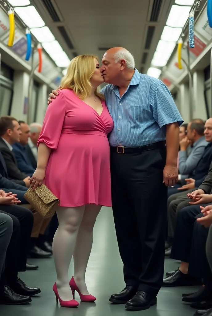 SFW, realistic, masterpiece, (VERY crowded subway train interior detailed scenario), (VERY crowded subway train interior detailed background), standing insanely hot (woman 1) using sexy ((mini dress)), (((lifted dress)), ((big ass)), ((thick thighs)), ((3/4 white stockings)), (fear expression), blushed face, old small man ass groping woman 1 from behind,(((old man pressing his chest on woman 1 back))) and (((holding her waist behind her))), against to subway door hand groping ass check