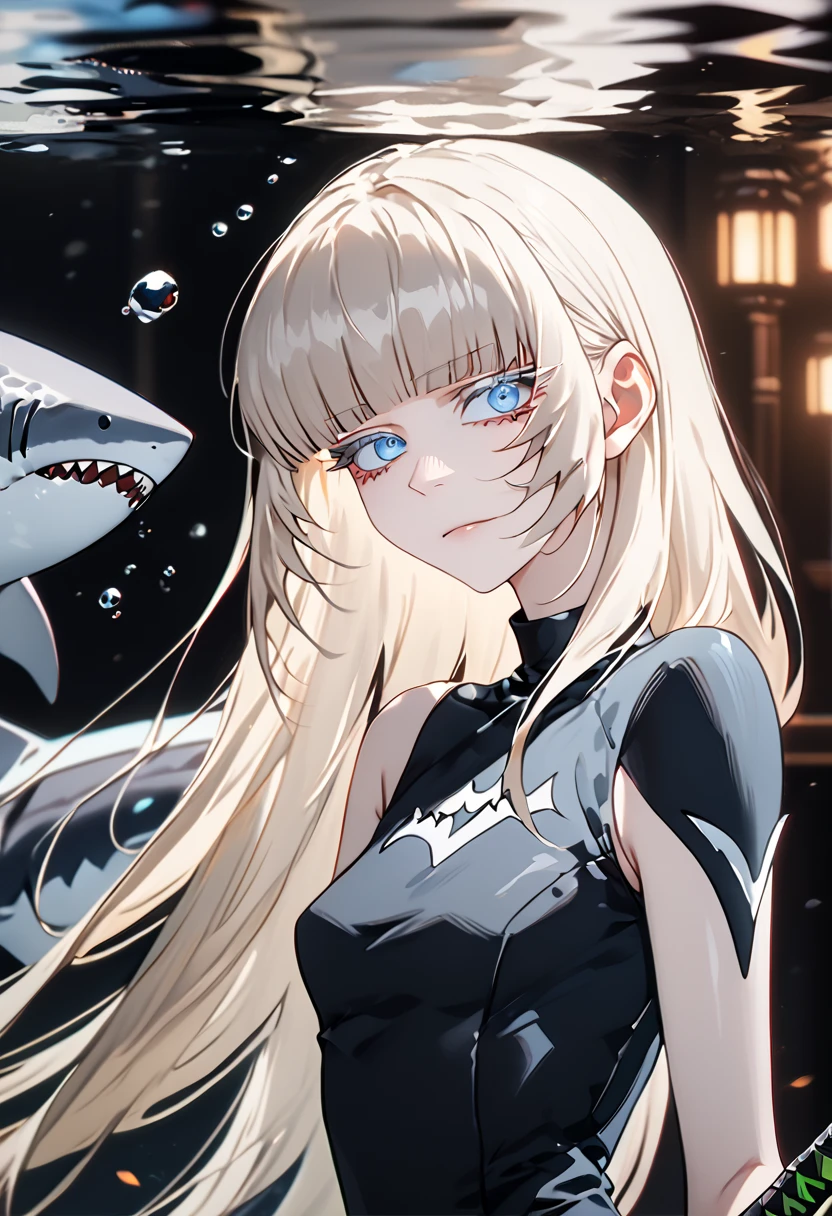 Anime style, 1 girl, 1 sexy girl, white pale skinned girl, porcelain skin, blue eyes, (HAIR: light blonde straight cut, long length, full bangs covering eyebrows, side framing fringe, extra long hair ) (BODY: half shark girl, neck gills, arm fins, dorsal shark fin )(best quality, 4k, 8k, highres, masterpiece:1.2), ultra-detailed, HDR, UHD, studio lighting, ultra-fine painting, sharp focus, physically-based rendering, extreme detail description, professional, vivid colors, bokeh, underwater, holding a katana, score_9, score_8_up, score_9_up, source_anime