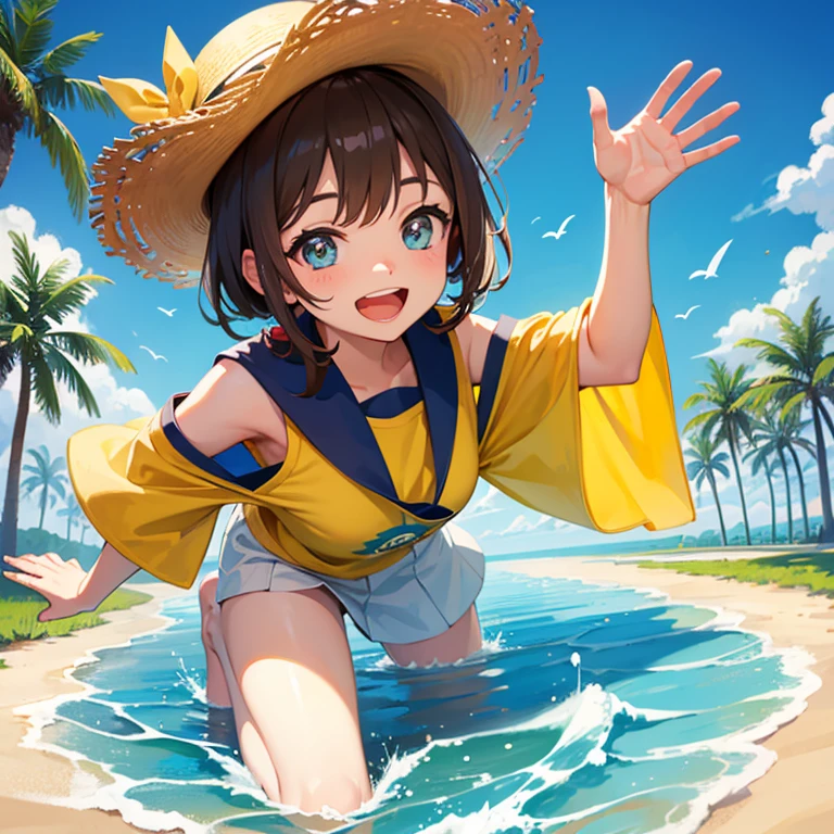 1girl, beach, bikini, playing with beach ball, sun hat, blue sea background, joyous expression, sun-kissed skin, gentle waves lapping at feet, barefoot on soft sand, sea breeze rustling hair, giggling, distant sailboats, bright sunny day, reflections on the water surface, footprints in the sand, playful splashes, holding a seashell, seagulls overhead, coral necklace, sandy cheeks, seashell earring, horizon with setting sun, palm trees in distance, beach towel laid out, sipping a cool drink, tropical fruits beside, children building sandcastles nearby, footprints leading to shoreline, fluffy clouds dotting the sky, playful laughter in the air.