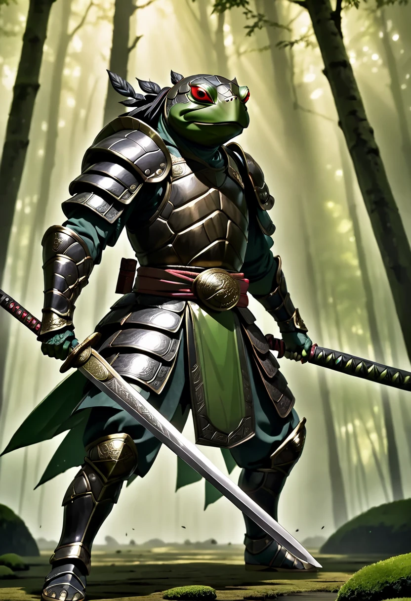 anime, janima, (masterpiece, best quality, ultra detailed, best shadow), (detailed background, dark fantasy), (detailed human face and head), 1 boy, male, best quality, cinematic lighting, darkness, character, bonze armor , turtle warrior, 1 30 year old boy, best quality human face, male, shell, bronze armor, green skin, focused, determined expression, looking right, green skin, battle stance, turtle head, belt leather, arm guards, leg guards, standing, ancient warrior, forest background, muscular, brown eyes, jumping, turtle features, by Tim Burton Fillms. in combat to the death. (sosteniendo en una mano una Black Japanese Medieval Katana). full body. (jumping)