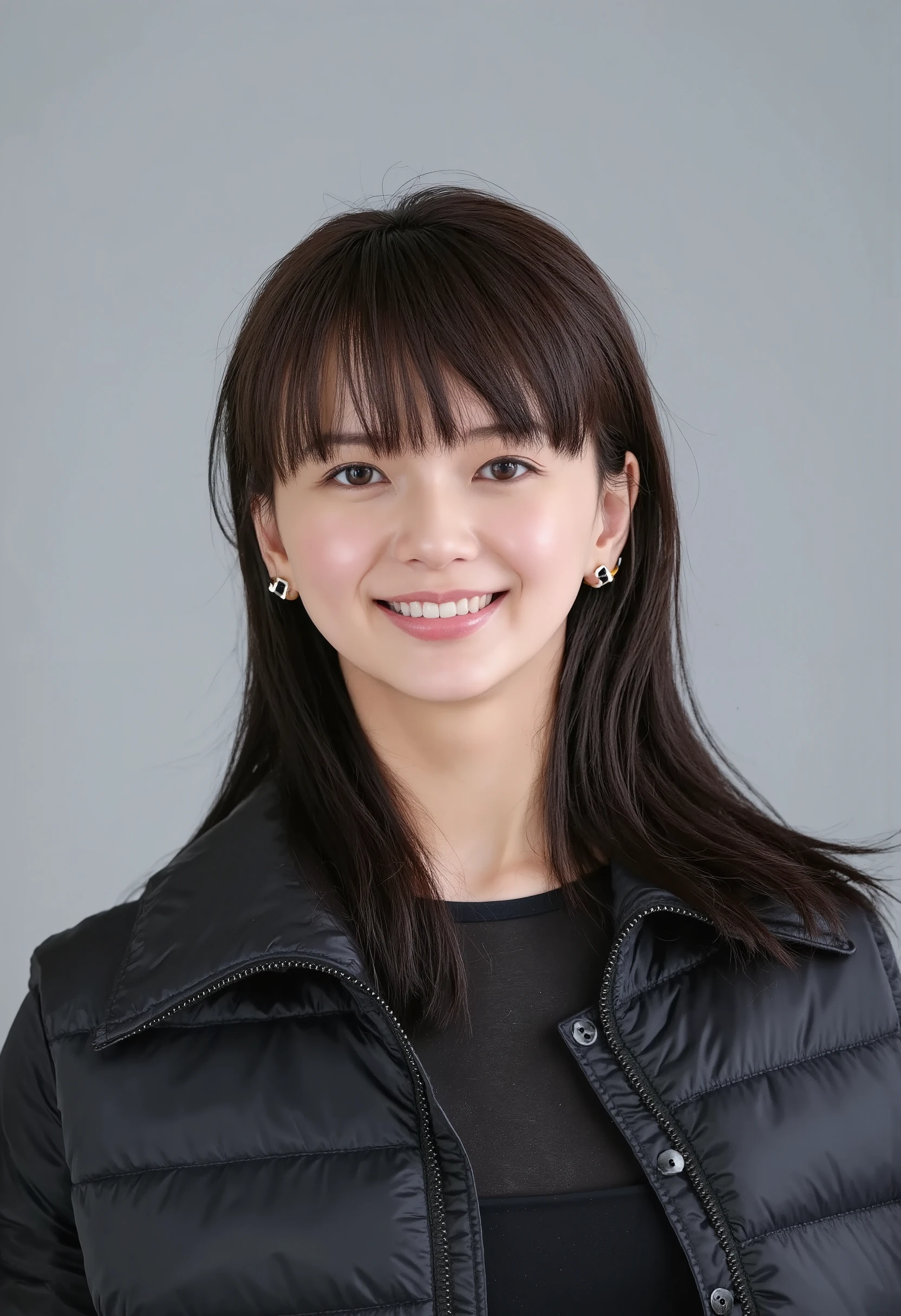 young Japanese woman、 tabe mikako、black hair、 ear piercing、Smiling Face Showing Teeth 、、 beautiful alignment of teeth、 black down jacket、Gray background

