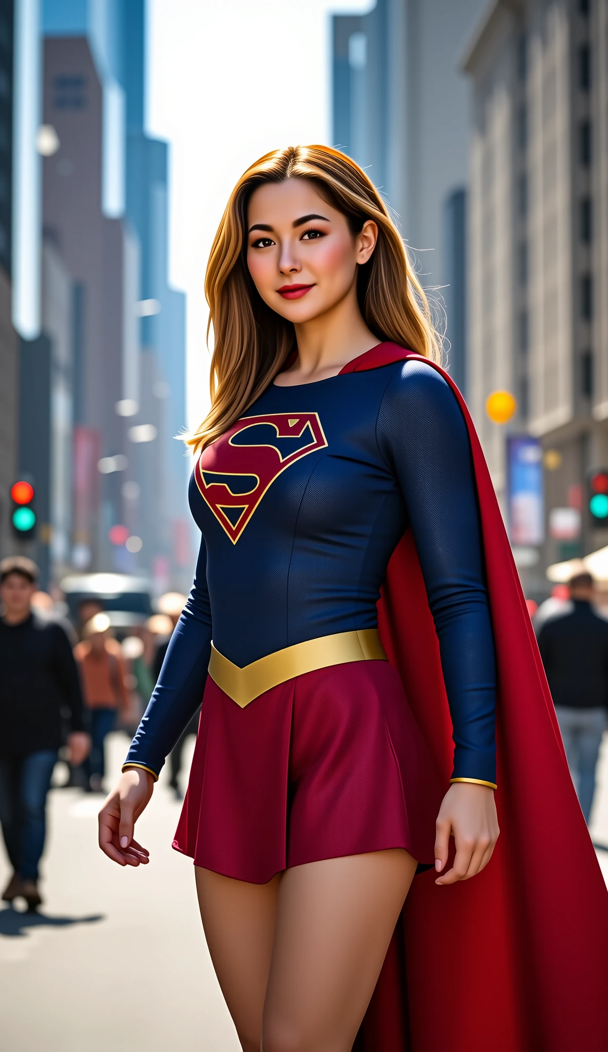 portrait of Hania Amir, as a supergirl, busy city street,4K quality