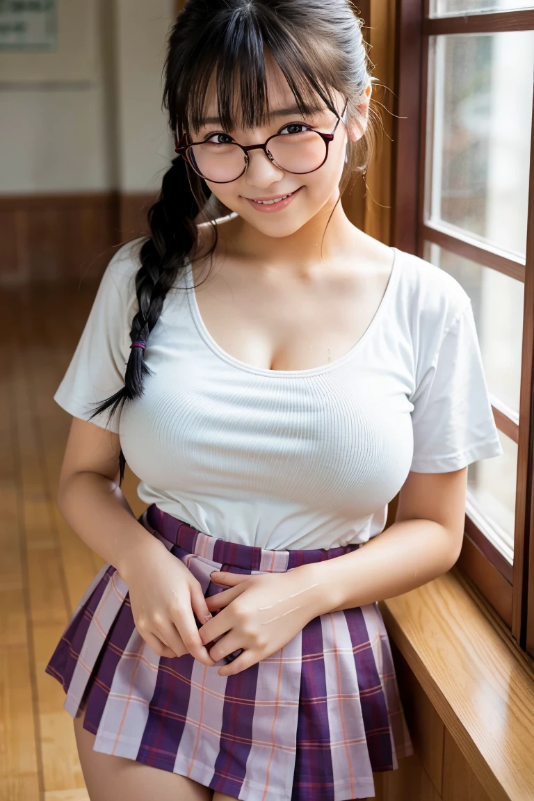 22 years old,nsfw,sex with one man,areola slip,one woman,school uniform,panty shot,lift up skirt,sexy pose,standing,boobs,large breasts,nipples,wet body,wet hair,cute face,smiling,embarrassed,short hair,ponytail,peer in from below,indoor,in the classroom,red glasses,high quality,photorealistic,masterpiece,highly detailed,japanese,beautiful woman,gravure