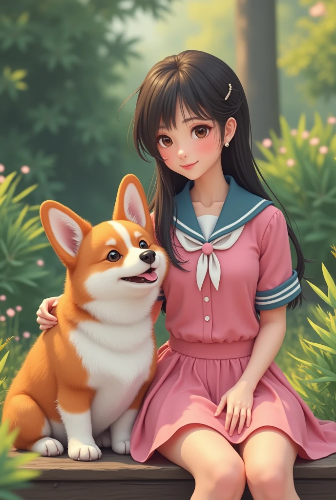 Cartoon cute girl playing with puppy in the garden,Cute comic Q-version characters, Q-version items, daily bright colors, rich materials, design sense, pictures are square