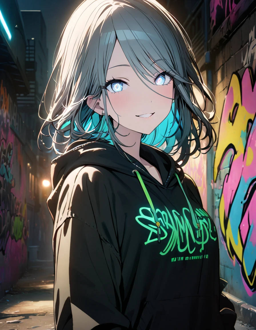 masterpiece,  top quality, 8k, Detailed Background , masterpiece,  top quality, smile,  ornament,  hoodie, Portraiture,  neon blue, graffiti, dark, night, Shining Eyes,  black light ,Hinomori Shizuku