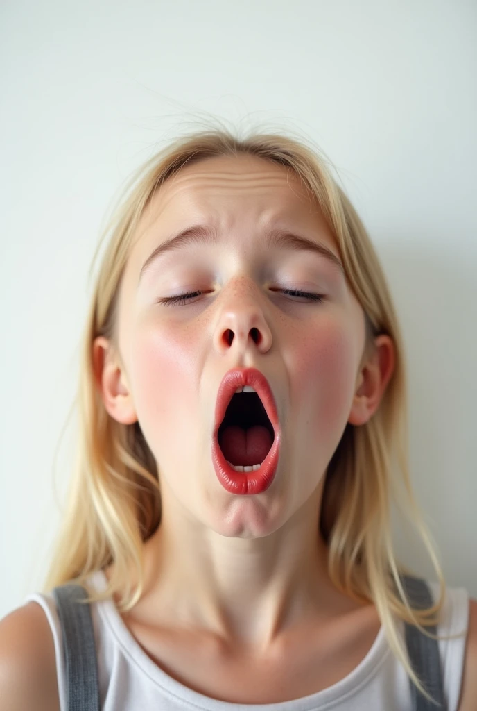 Year: 2012. Location: North River Heights, Manhattan. pre-raphaelite 10-year-old blonde girl, in class, only face view, zoom in, open mouth, teeth, tongue, shy, saliva in mouth, saliva from mouth, head up, looking up, sexy