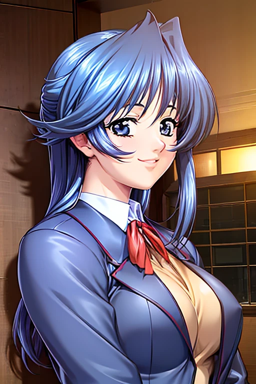 side view, with no other people present. city, ((upper body)), (best quality), (masterpiece), ((((focus on face)))), つやのある肌, smile, school uniform, blazer, glistening breasts, medium breasts