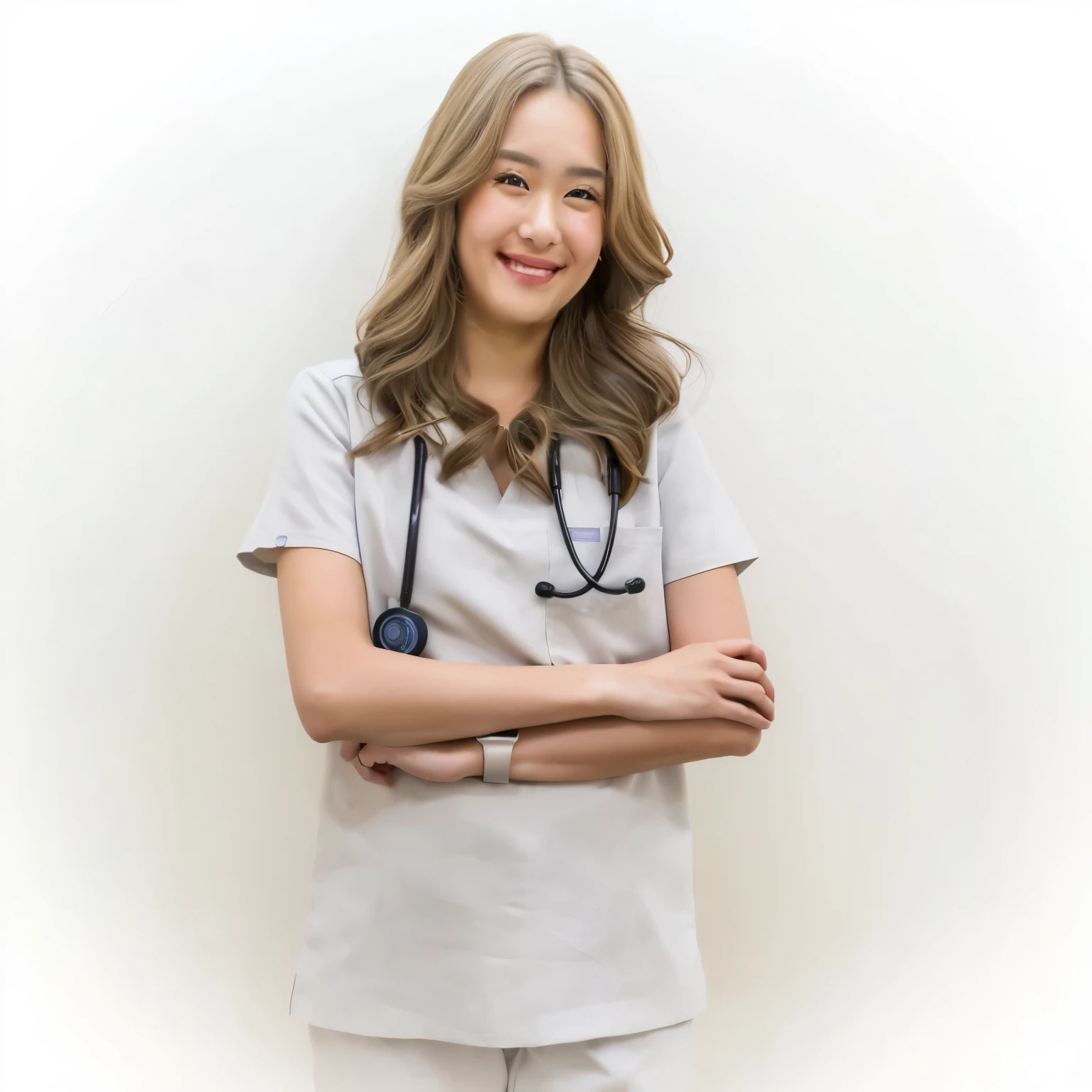 (Well-aligned, beautiful teeth), A beautiful 30-something female doctor with a charming smile that reveals a hint of white teeth, doctor woman in a white scrub suit, medical, girl, Stethoscope, doctor,  Health Care Workers , Thai women,  Portrait ,  asian woman, (Best quality, 8k, Masterpiece:1.2),
