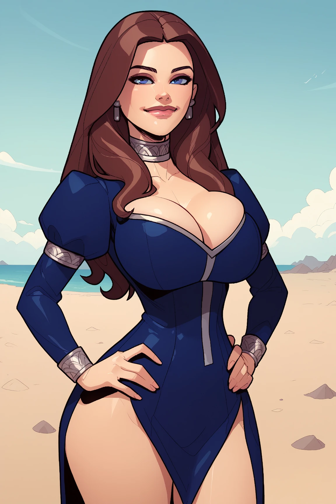 score_9, score_8_up, score_7_up, score_6_up, BREAK jessica Atreides,1girl, solo, brown hair, long hair, blue eyes, lips, blue dress, sand background, dunes, front view, standing, hands on hips, smiling, closed mouth, Large breasts, big butt