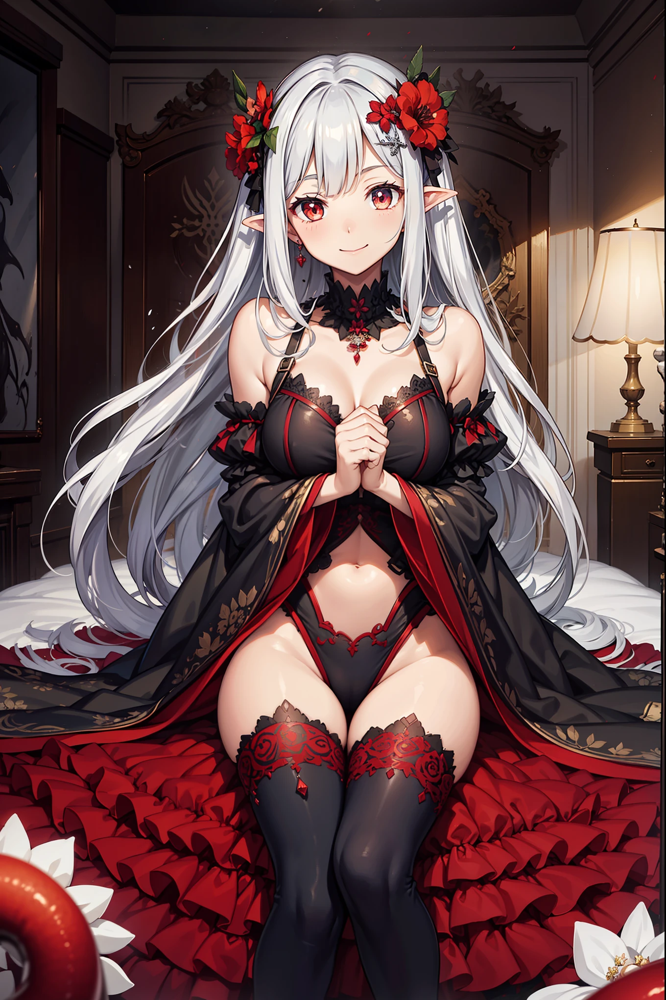 Beautiful young woman, white complexion, long straight white hair, crimson red eyes. Lying on a bed of red sheets, naked, her breasts somewhat small. a somewhat opulent room