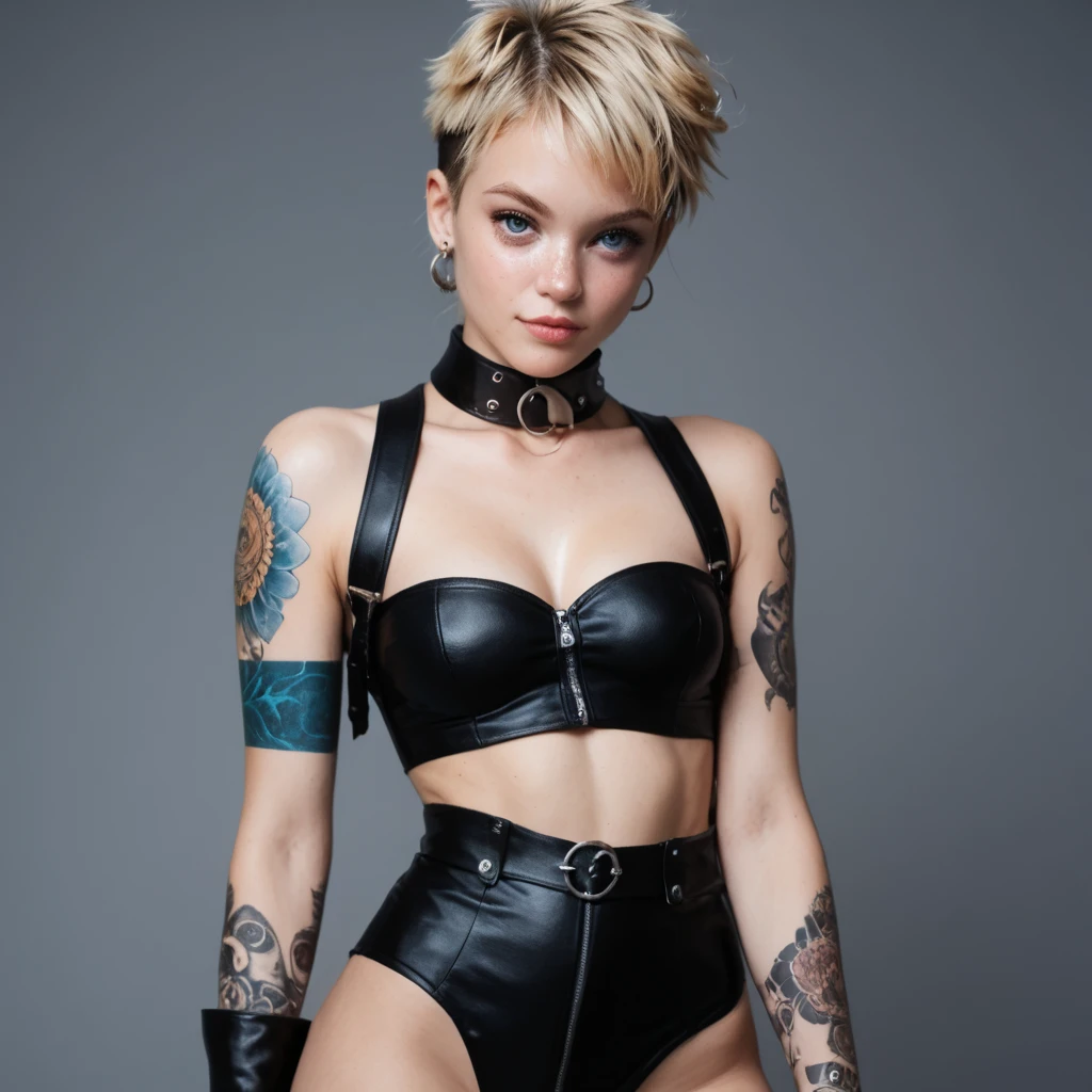 Please create an image of a young noodist woman with charming freckles, dressed in a revealing outfit with short blonde hair in a punk style and mesmerizing gray-blue eyes. Her slender body with rounded hips and expressive nippeles hints at sensuality. Tiny pantties, a leather collar, and a tattoo on her right butttocks,prinkle nippeles, complete the look. Black garters,SD3.5, masterpiece.ultra detailing face and eyes.1 девочка, Соло, Высокое разрешение, Шедевр, Реалистичная анатомия, Отмеченный наградами, Лучшее качество, Детально, HD-модель, Очень детально, Сверхвысокая чёткость, 