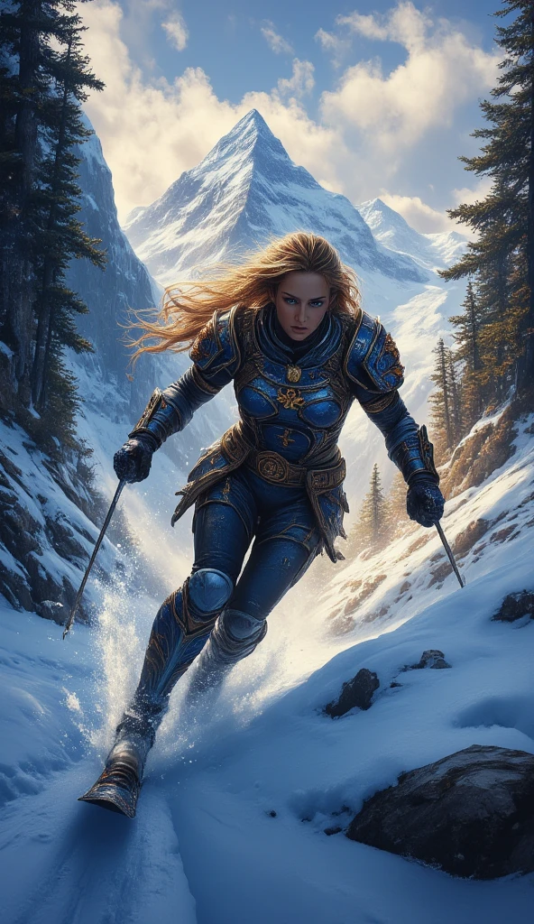 Fantasy, world of Warcraft, Women warrior, Ski sprint, go on ski throu mountain pass, tiredness, front to viewer, low angle shot, beautiful mountains background with some pine forest, oil painting, masterpiece, detailed, midjourneyv6.1, fantasy elemental