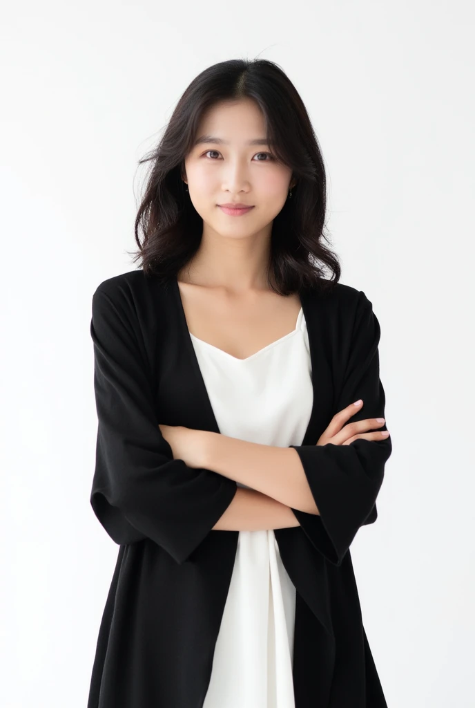 The image is a full-length portrait of a young asian woman standing with her arms crossed over her chest. She is wearing a black shawl over a white dress. The woman has shoulder-length dark hair that is styled in loose waves and falls over her shoulders. She has a neutral expression on her face and is looking directly at the camera. The background is plain white, making the woman the focal point of the image.