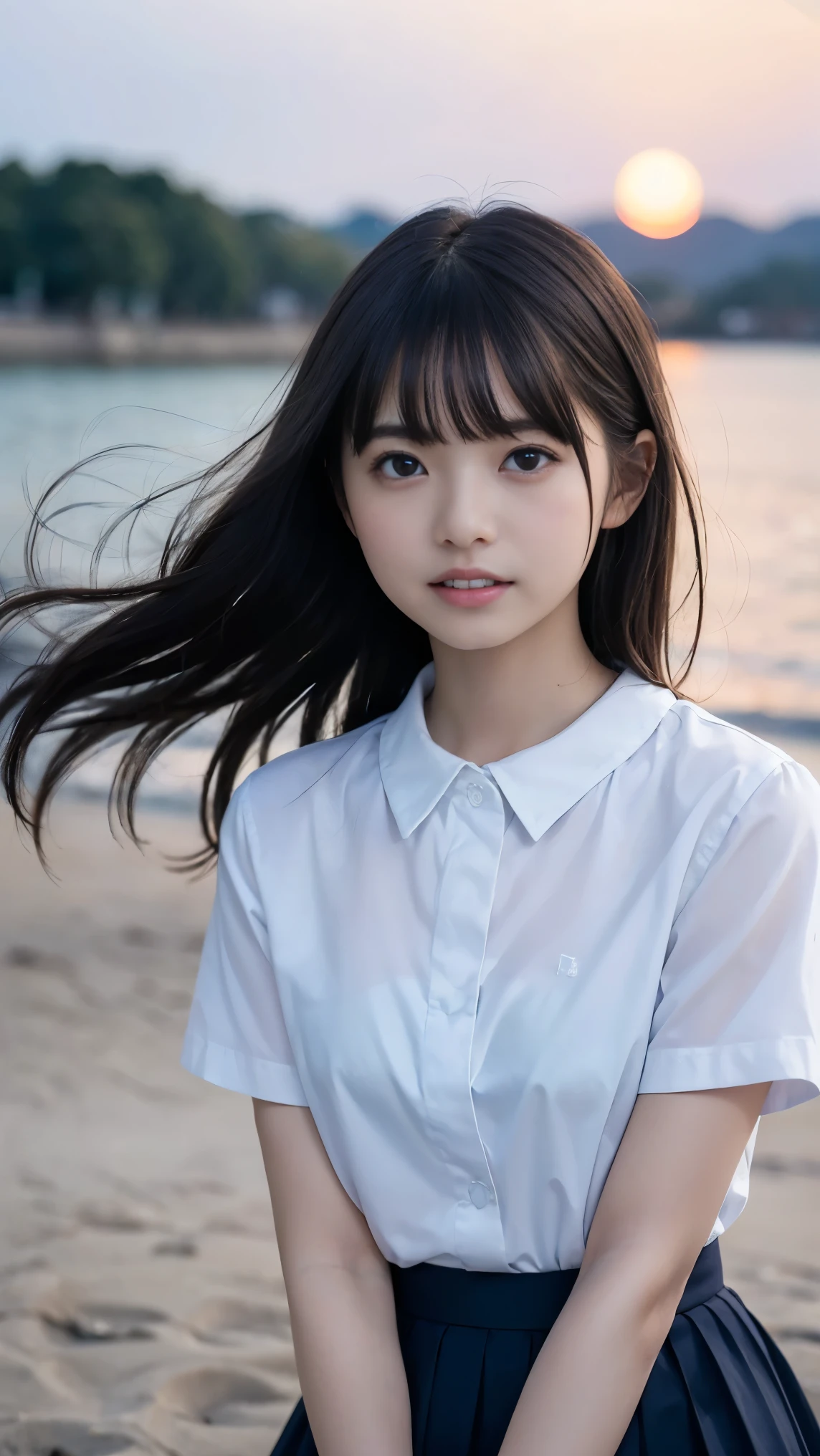 (RAW Photos: 1.2), (Realistic: 1.4), (highest quality: 1.4), Ultra-high resolution, (Fine Eyes),Full body photo,Gravure photo,1. High school girl,(Large Breasts),Black Hair,((White blouse)),Bright Eyes,Blushing,smile,Highly detailed face and skin texture, Healthy Skin,(Beach),8K resolution