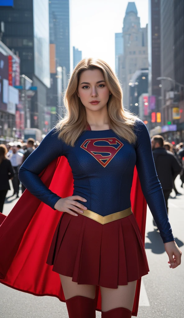 portrait of Hania Amir, as a supergirl, busy city street,4K quality