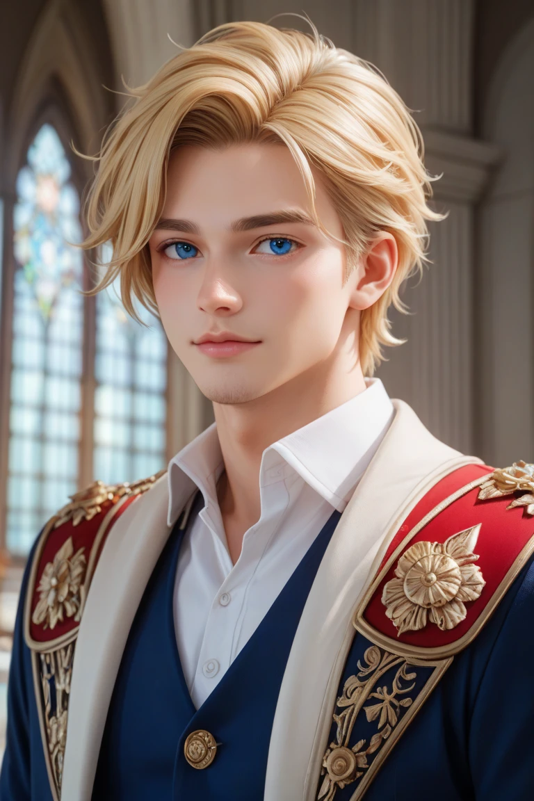 Western romance fantasy、 Blonde Blue Eyes 、Male character's bust up 、 one man、 Handsome Man with a Frontal Bust Up、Prince、knight、 height 185 cm、 No Emotion、Age: 19、He Lost His Parents and Doesn't Know Love 、Popular with women