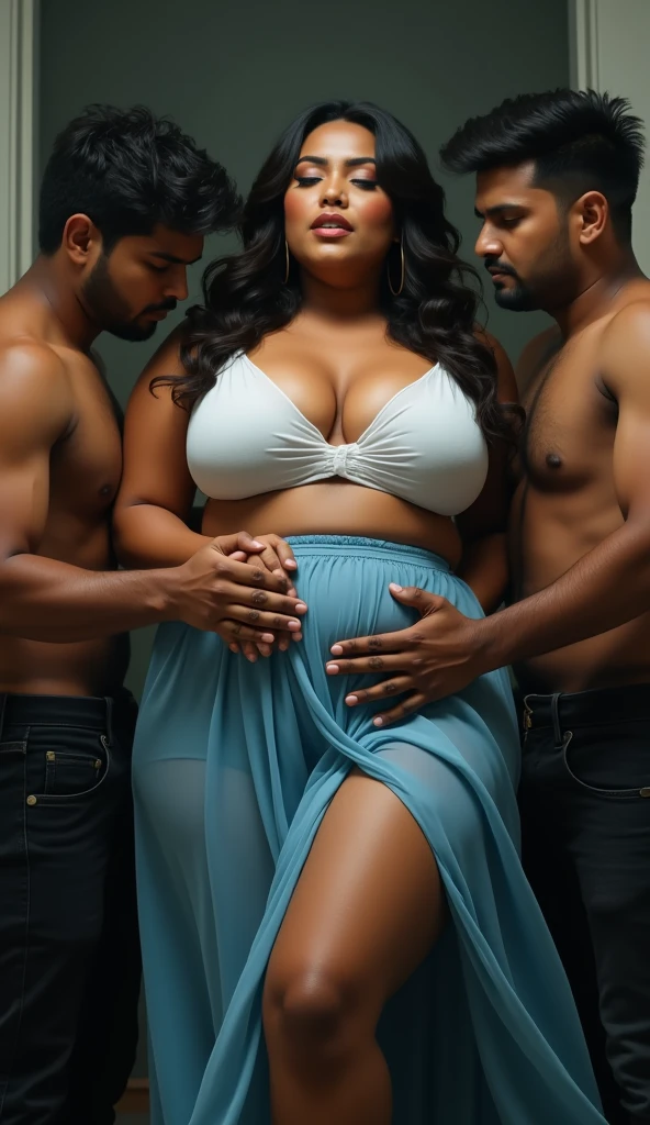 A radiant, full-figured South Indian 45-year-old aunty wearing a gray chiffon fully transparent salwar, tenderly hugging a jubilant group of 25-year-old men in living room, captured in a full-body image with vibrant hues and meticulous details.