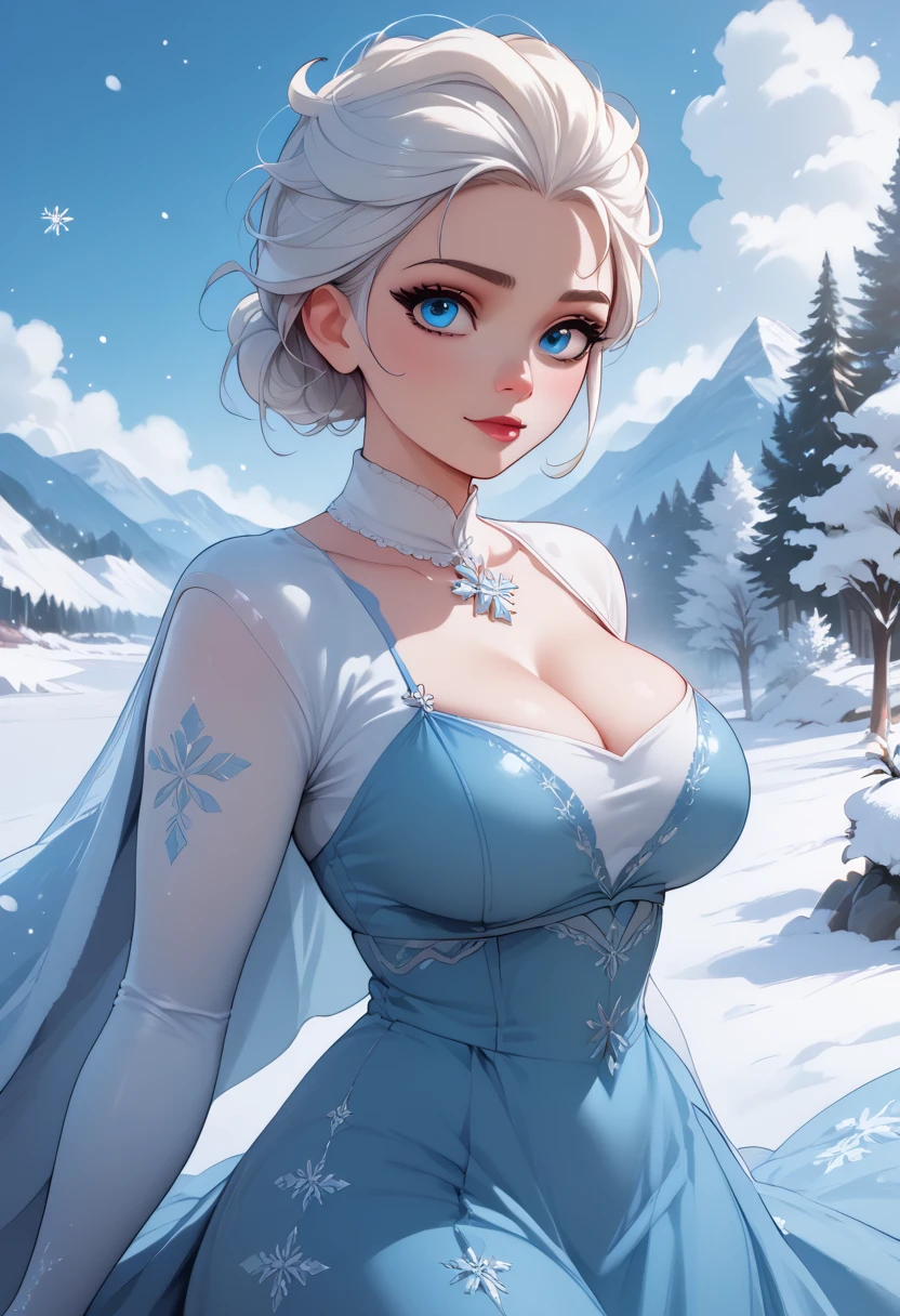 white hair, blue eyes, white skin, blue dress, big breasts, anime style, snow