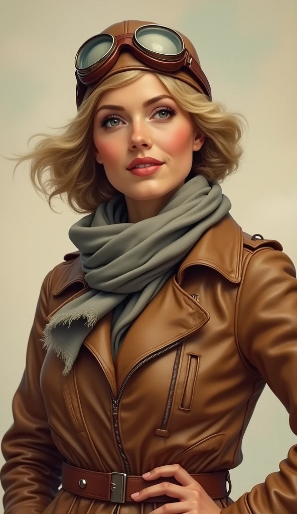 "Portrait of Amelia Earhart, in a vintage style, with a confident and determined expression. She is dressed in a leather flight jacket, wearing a scarf and goggles, with an aviator's cap. The background should be a soft, neutral color, evoking the 1930s aviation era. The style should reflect an artistic, slightly realistic interpretation, capturing the essence of a pioneering aviator and her spirit of adventure."
