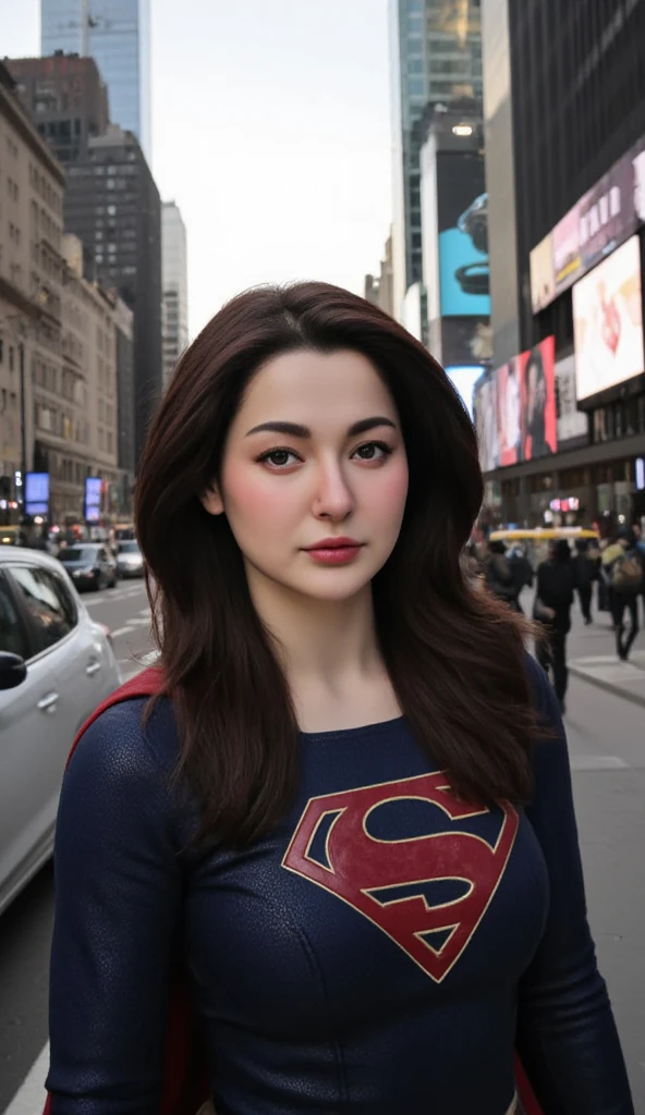 portrait of Hania Amir, dark black hair, as a supergirl, busy city street,4K quality