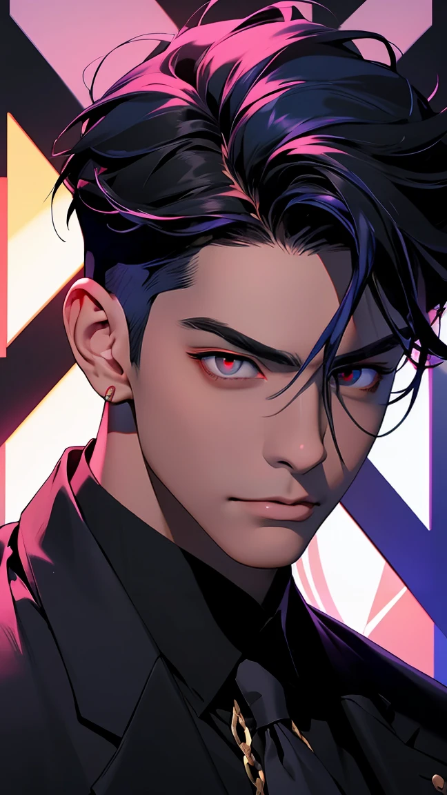 highest quality, 8K, high resolution image, anime style Jujutsu Kaisen, dark skin, (Cú Chulainn (Alter) | Fate | FGO ) detailed strokes, crazy look, piercing gaze, out of focus, purple light is reflected from it, 1 man, male, model, hand in pocket, cool guy, multicolored background with various geometric shapes, all around stickers, muscular, DARK BLUE HAIR, Dark Blue hair, red eyes, multicolored hair, blue hair, highlighted hair, Hairstyle: undercut, puffy chest, businessman, He is wearing an business suit, white shirt with open collar and a black suit trousers and a gold link chain, Background: Room, fullbody view