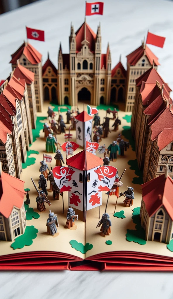 "Depict an origami representation of the Hundred Years' War, highlighting raids, scorched earth tactics, and medieval armies."