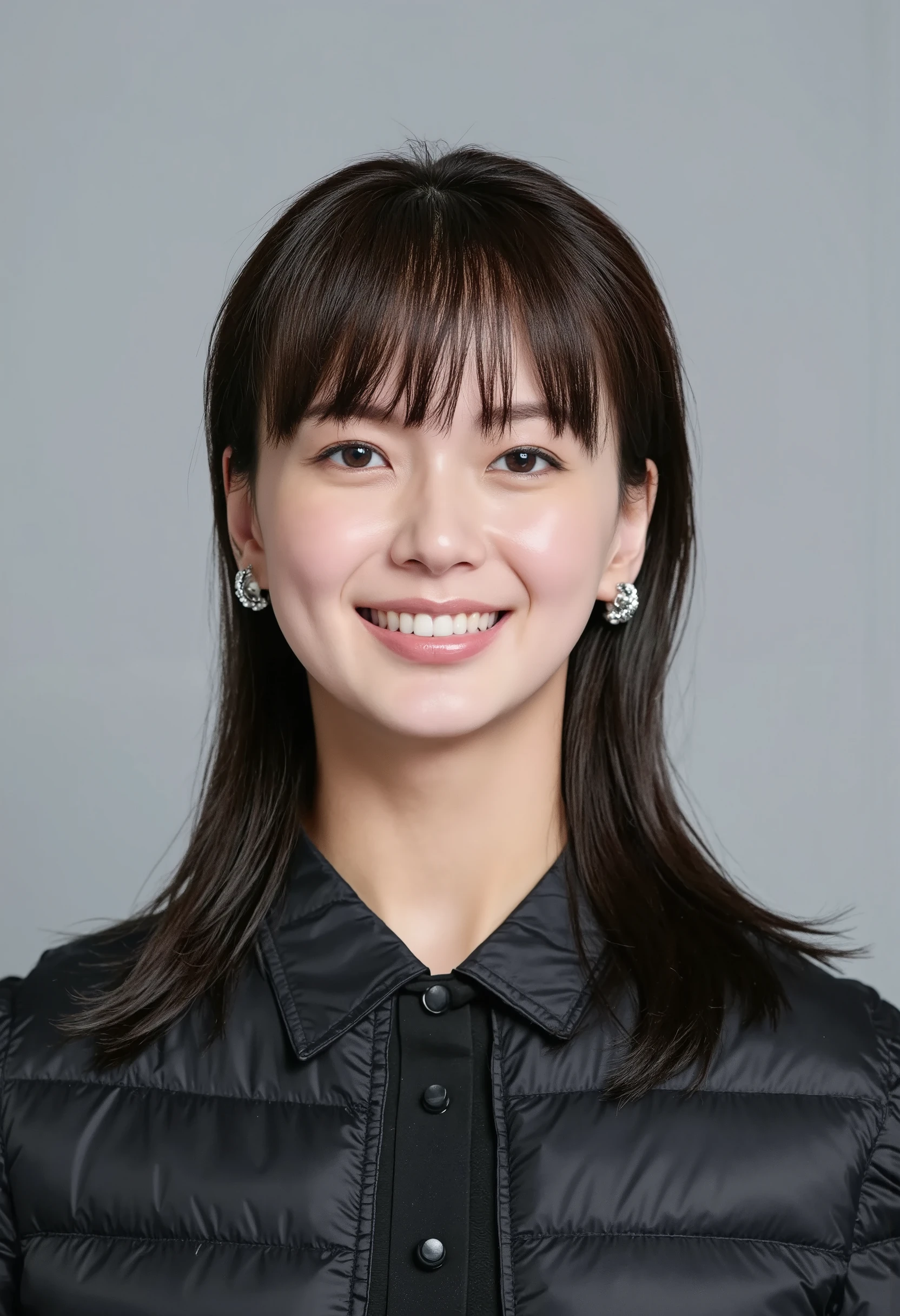 young Japanese woman、 tabe mikako、black hair、 ear piercing、Smiling Face Showing Teeth 、、 beautiful alignment of teeth、 black down jacket、Gray background
