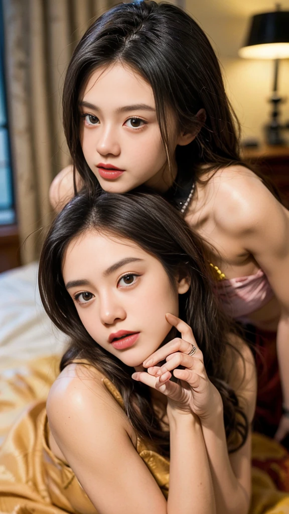 twogirls, small, kissing, longye hair, whole body, photoshot, In school, outfit, photoshot, good realistic lighting, beautiful, as much detail as possible, 4K, baby face