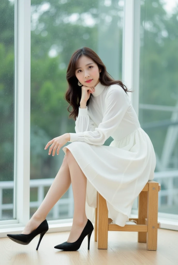 The image shows a young asian woman sitting on a wooden stool in front of a large window. She is wearing a white dress with a high neckline and long sleeves. Her hair is styled in loose waves and she is wearing black high heels. The woman is resting her chin on her hand and appears to be deep in thought. The window behind her is made of glass and has a view of trees outside. The floor is made up of light-colored wood planks. The overall mood of the image is peaceful and contemplative.