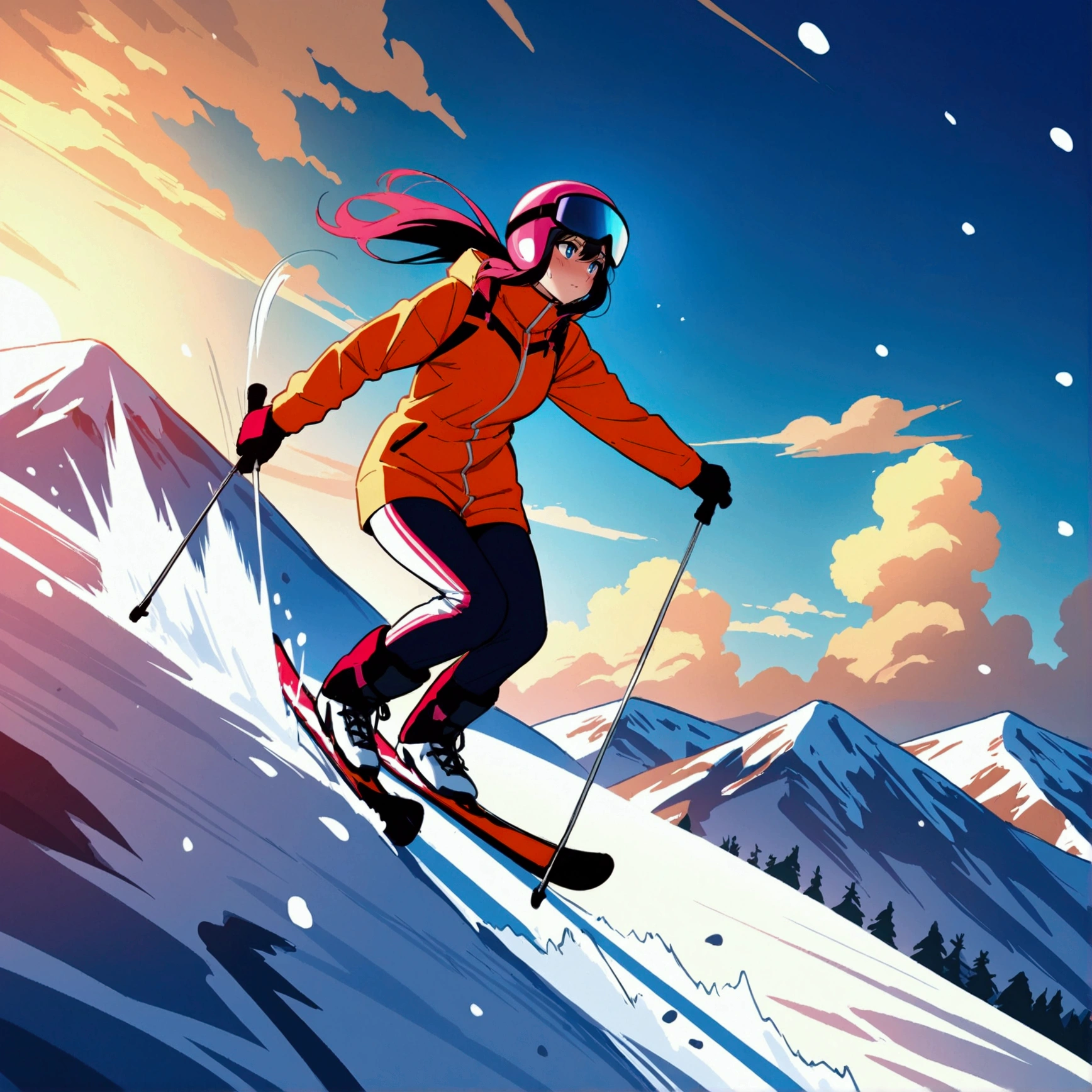 Girl skiing down a mountain,, ((ultra quality)), anime enhancement, ((8k resolution, masterpiece, best quality)), ultra detailed, ultra sharp, perfect colors, perfectly shaded, perfect lighting