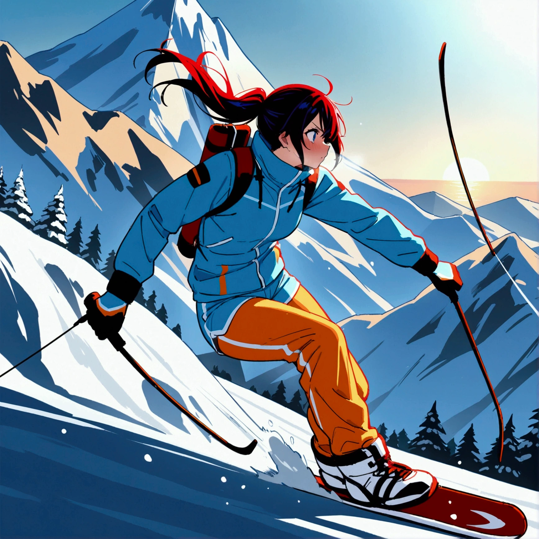 Girl skiing down a mountain,, ((ultra quality)), anime enhancement, ((8k resolution, masterpiece, best quality)), ultra detailed, ultra sharp, perfect colors, perfectly shaded, perfect lighting