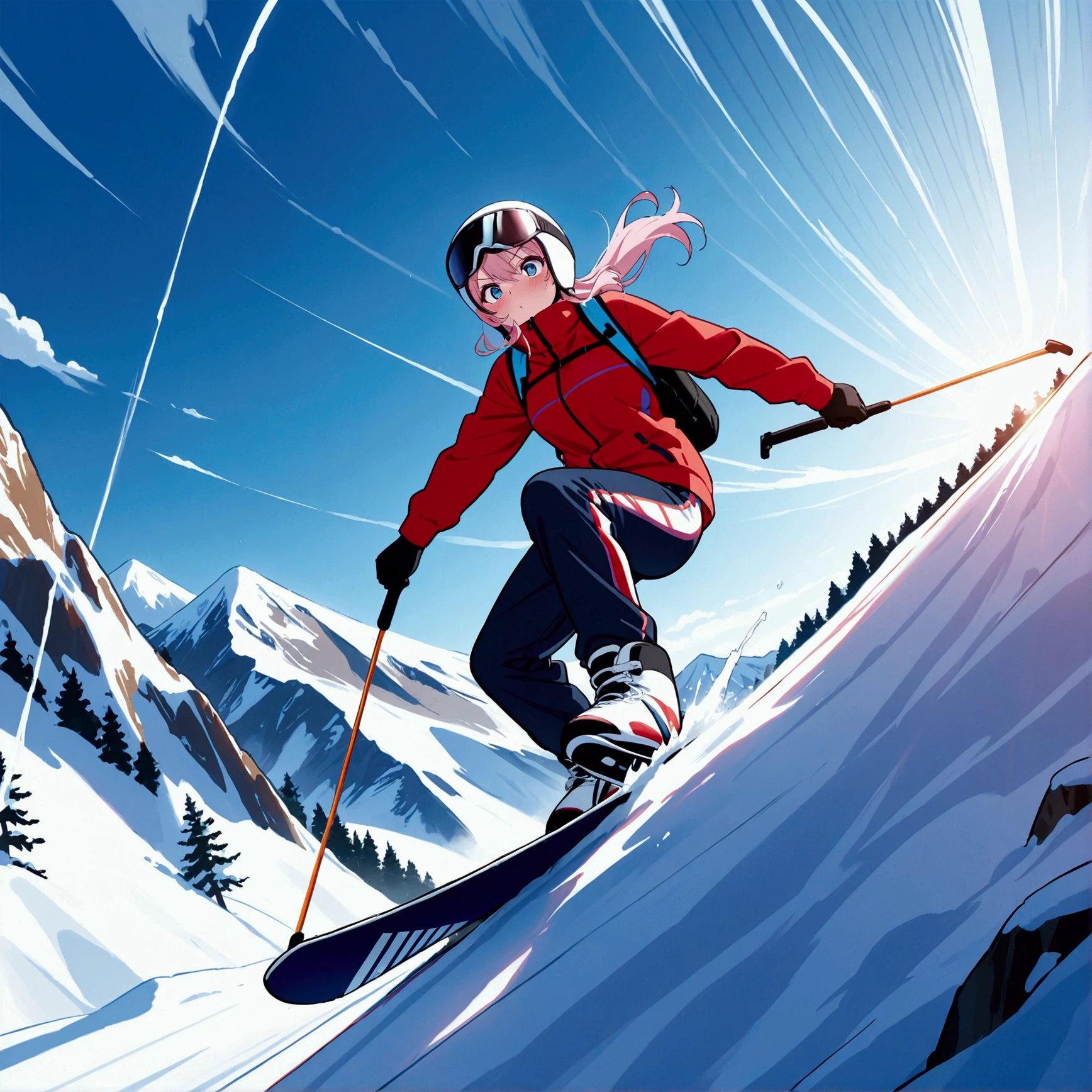 Girl skiing down a mountain,, ((ultra quality)), anime enhancement, ((8k resolution, masterpiece, best quality)), ultra detailed, ultra sharp, perfect colors, perfectly shaded, perfect lighting