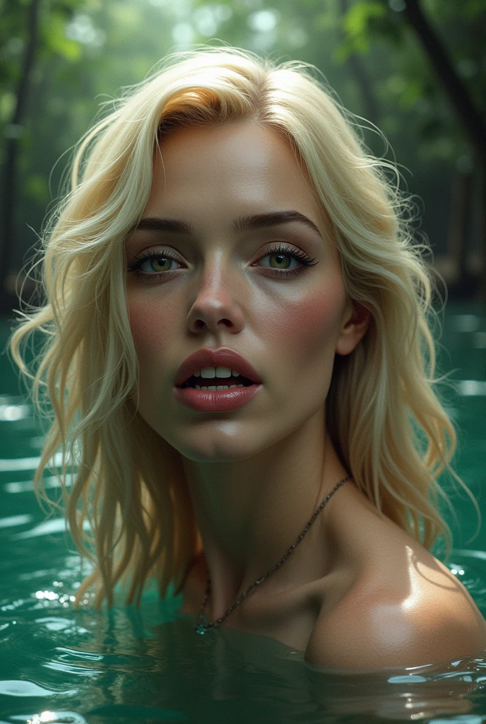 Hyperrealistic close-up photo by Emily Sears, masterpiece, best quality, Create dystopian masterpieces. beautiful woman, sslim, (straight blonde hair),big breasts, detailed face, Age of 20 years, (Bikini), ((in the bath, vagina, lying in bath)