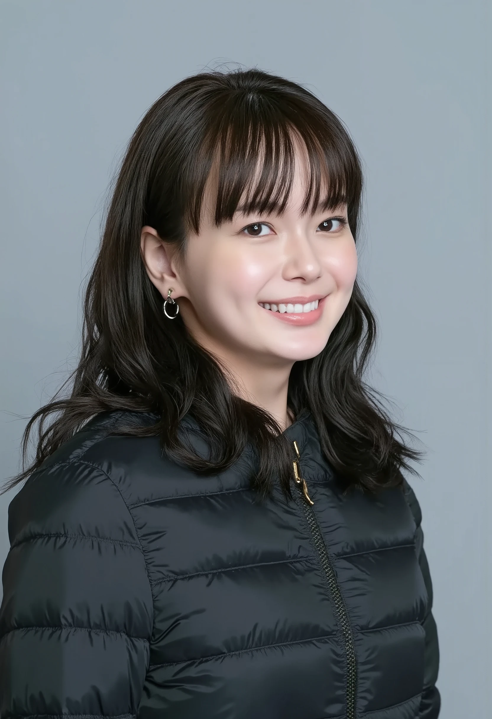 young Japanese woman、 Tabe Mikako、black hair、 ear piercing、 big smile when looking back、 beautiful alignment of teeth、 black down jacket、Gray background

